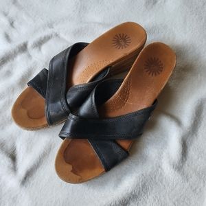 UGG Australia Womens “Gwyn” Size 7.5 Black Wedge Leather Sandals Slides